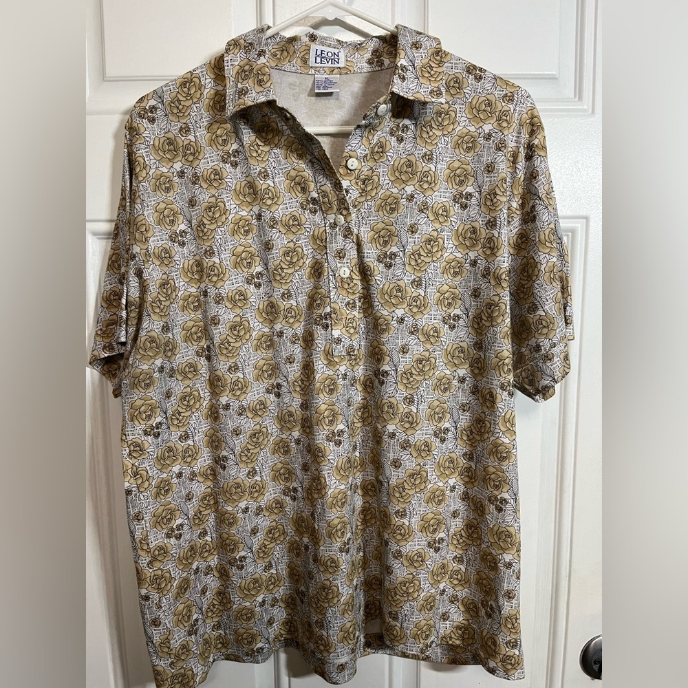 Leon Levin XL Floral Print Polo Shirt Beige Yellow Roses Vintage Retro